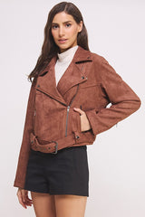 Highway Honey BELTED LONG SLEEVE SUEDE MOTO JACKET