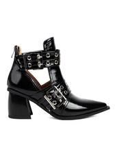 women’s edgy boots, rock style shoes, patent leather booties, block heel booties