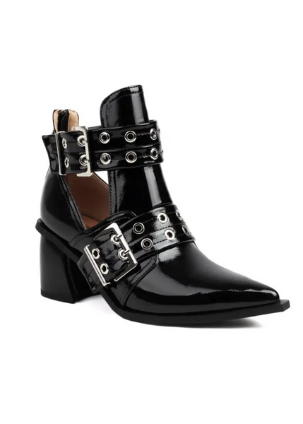 black pointed toe booties, buckle ankle boots, shiny black boots, women’s edgy boots