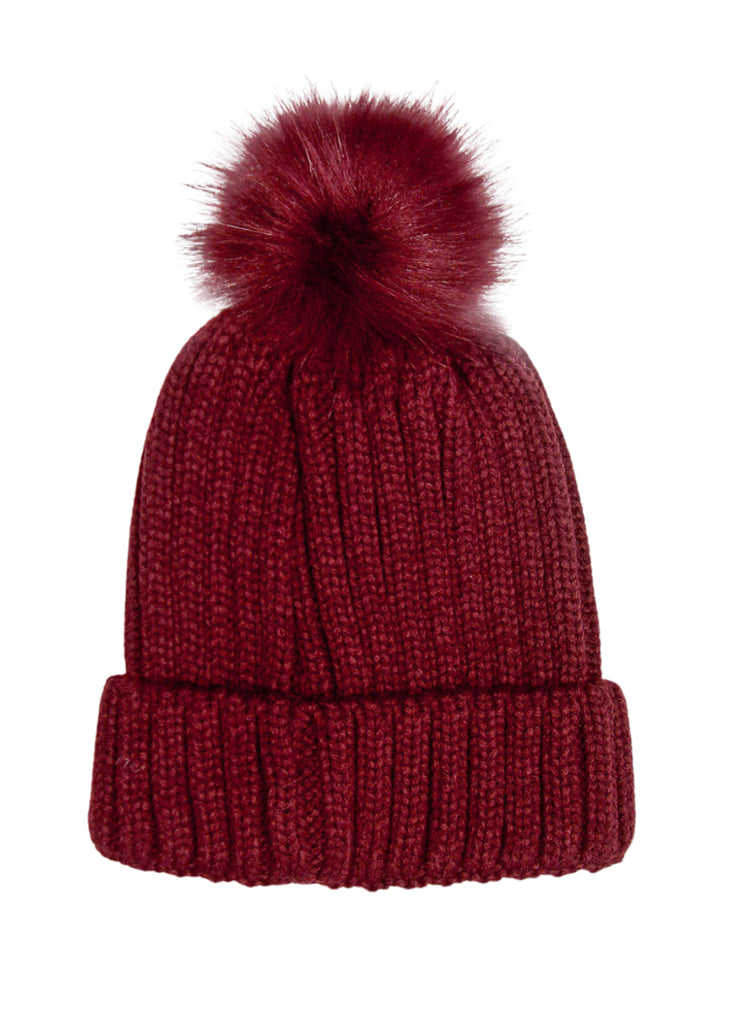 burgundy red cable knit beanie hat with faux fur pom pom