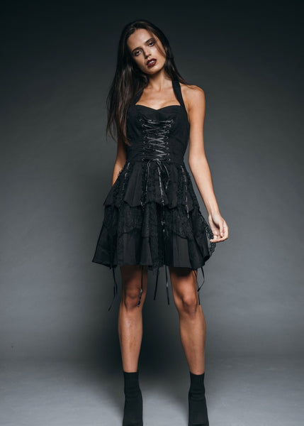 Black gothic halter dress with intricate lace and corset lacing – perfect for a bold and edgy look.
