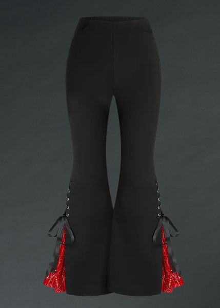 Gothic black lace-up bell-bottom pants with red contrast hem – high-waisted stretchy flares for edgy, vintage, and statement outfits.

