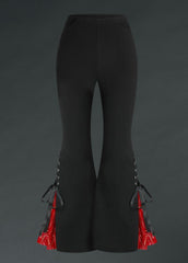 Gothic black lace-up bell-bottom pants with red contrast hem – high-waisted stretchy flares for edgy, vintage, and statement outfits.

