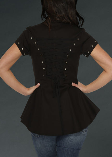 Black gothic high-low top with stud details, ornate buttons, and corset lacing in the back – edgy alternative fashion for dark romantic looks