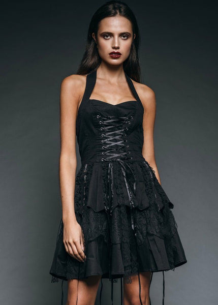 Gothic mini halter dress with corset lacing and lace details – dark elegance for alternative fashion lovers.