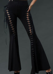 Black bell bottom pants with sexy lace-up details – stretchy flare pants for gothic, festival, and alternative fashion.