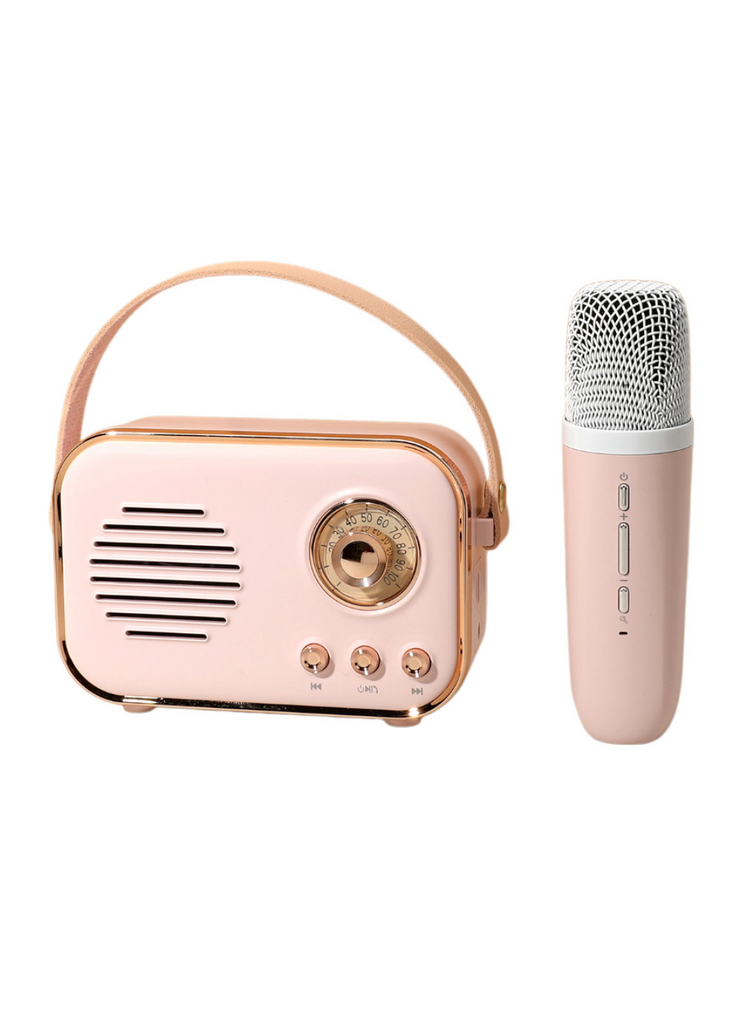 Pink Mini Retro Karaoke Machine with Portable Bluetooth Speaker and Microphone – Vintage-style wireless speaker for music, singing and road trips