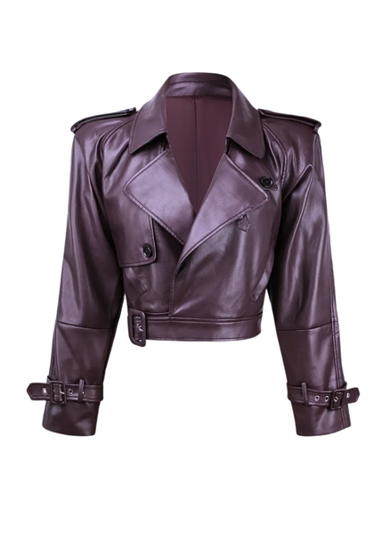 Edgy cropped purple PU leather moto jacket with silver eyelet details, zippered front, and belted waist—perfect for a bold statement look.