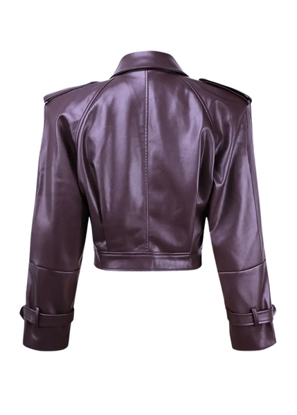 Women's alternative fashion purple faux leather biker jacket with eyelet accents, asymmetrical zipper, and a cropped silhouette for a rock-chic vibe