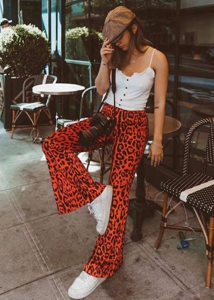 red leopard flare pants