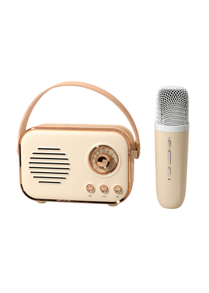 Cream Mini Retro Karaoke Machine with Portable Bluetooth Speaker and Microphone – Vintage-style wireless speaker for music, singing, and entertainment