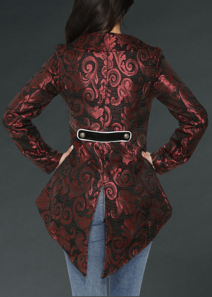 Steampunk Red Tailcoat Jacket – Elegant brocade waistcoat-style coat featuring ornate buttons and a dramatic tail, ideal for gothic, cosplay, or Victorian outfits.