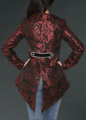 Steampunk Red Tailcoat Jacket – Elegant brocade waistcoat-style coat featuring ornate buttons and a dramatic tail, ideal for gothic, cosplay, or Victorian outfits.