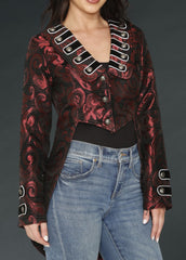 Gothic Red Brocade Tail Jacket – Stand out in this red brocade tailcoat with a fitted waist and structured shoulders, designed for steampunk and gothic fashion lovers