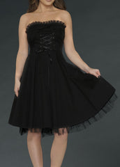 Black strapless gothic dress with corset lacing, vintage Lolita-inspired swing dress, perfect for alternative fashion and edgy pirate cosplay looks.