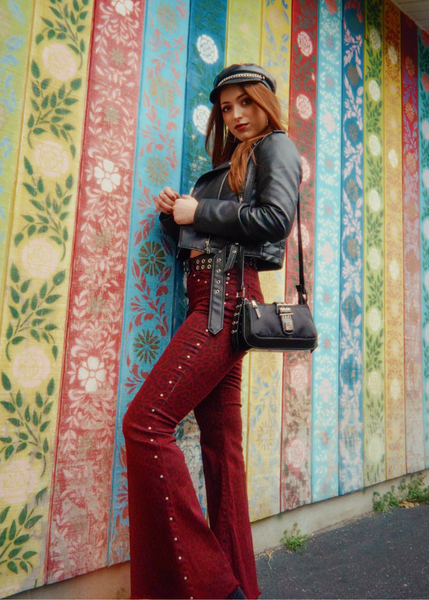 red leopard flare pants studded festival bell bottoms stage wear 