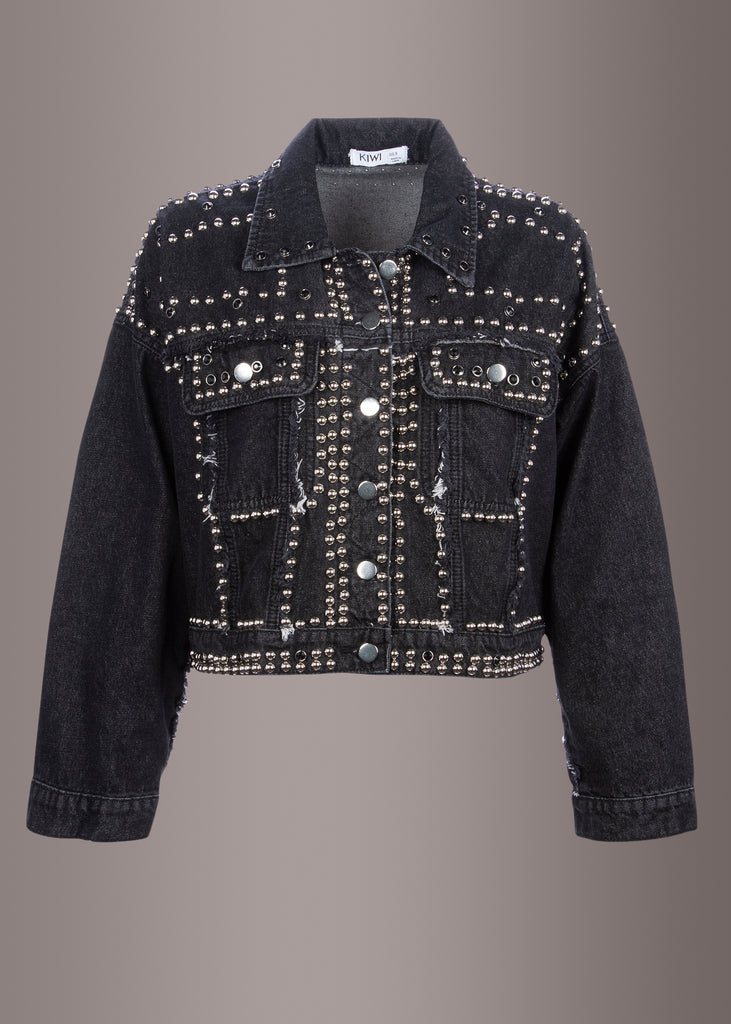 Shop Cropped Black Denim Jacket with Studs | Studded Jean Jacket ...