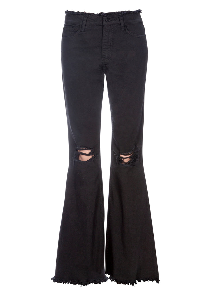 High Rise Ripped Flare Jeans, Frayed Black Denim Bell Bottom Pants
