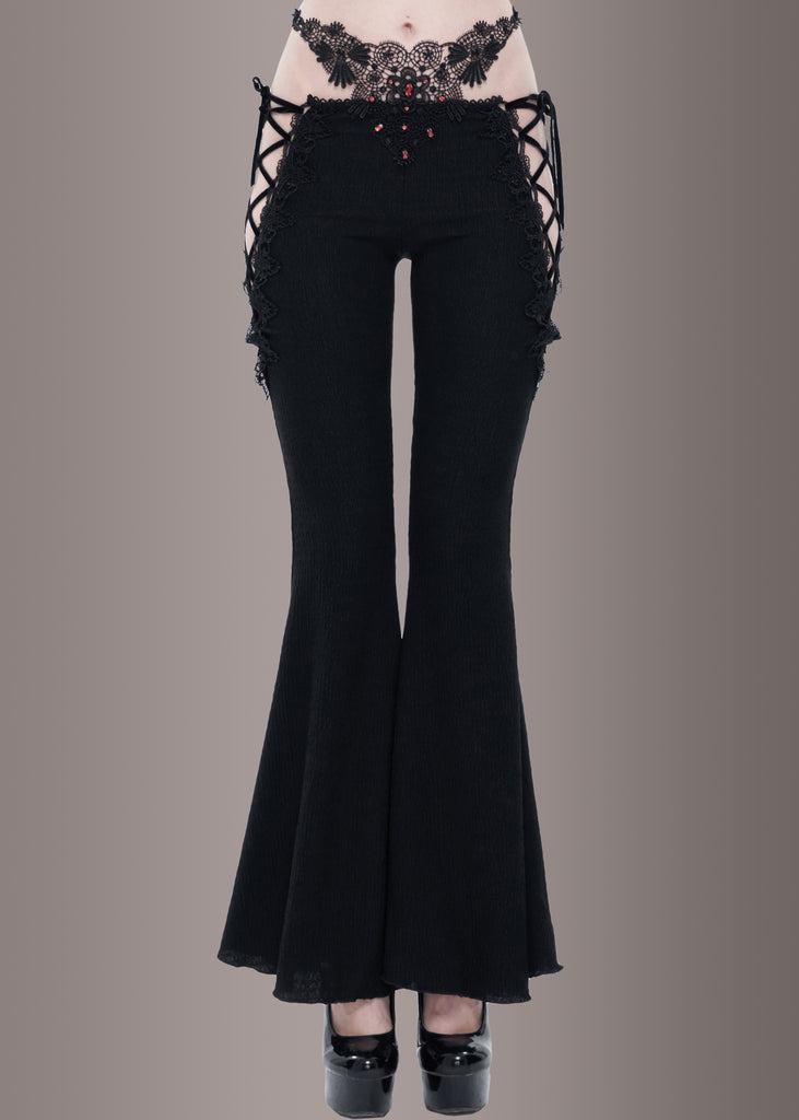 Gothic Lace Panel Buckle Zip Print Bell Bottom Pants [58% OFF]