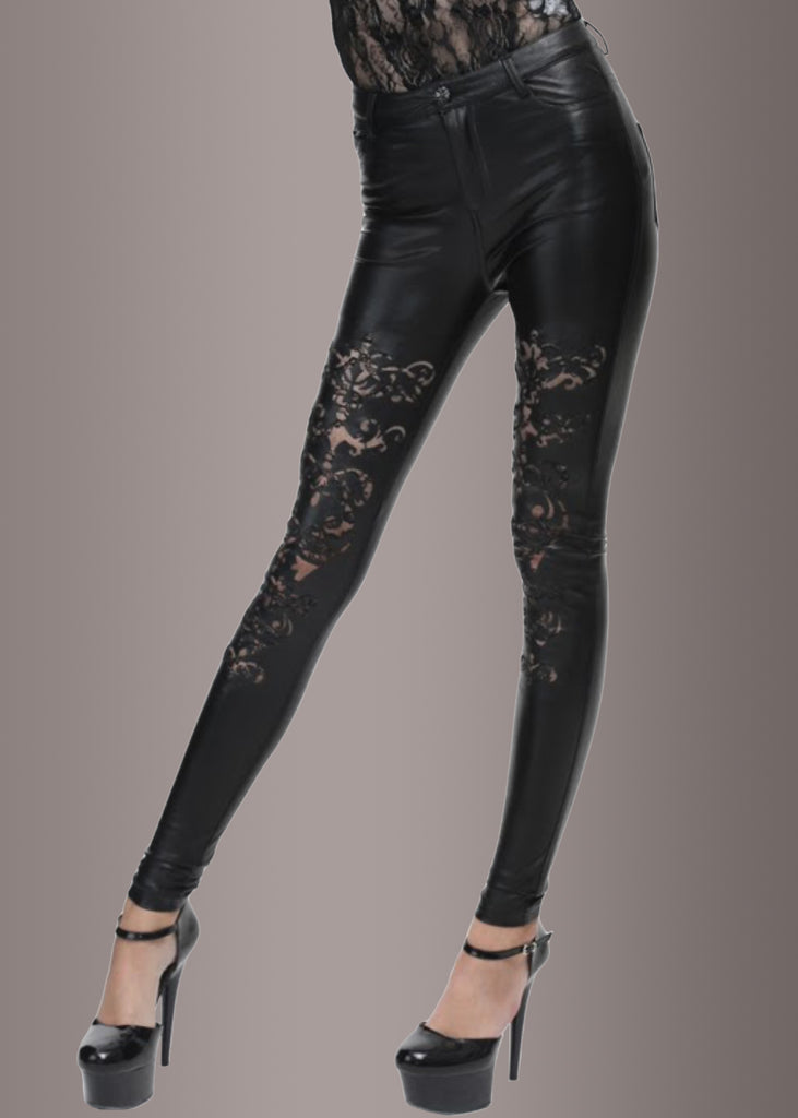 Faux Leather Pants with Cutout Lace Pattern
