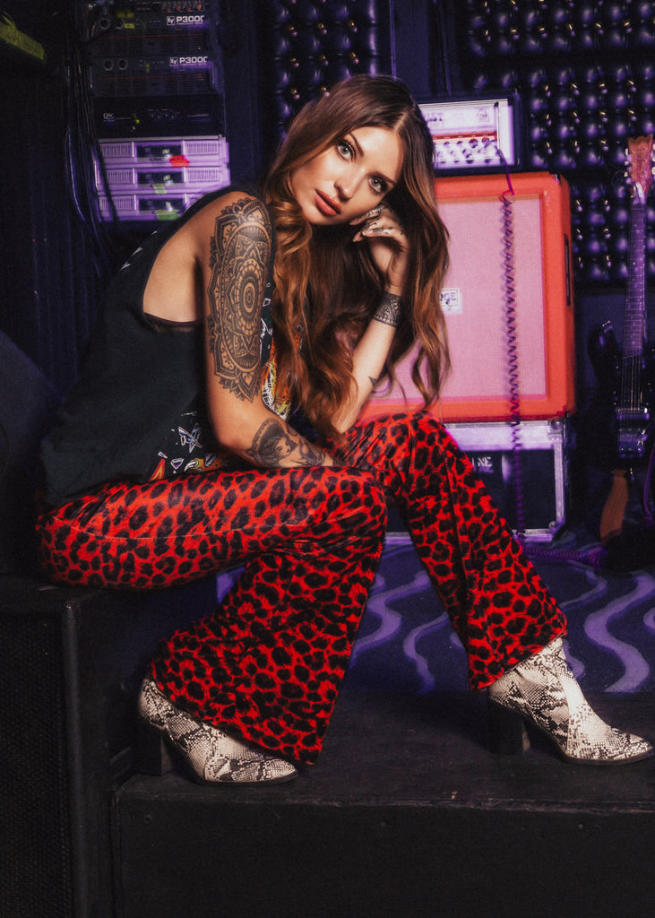 Shop Red Leopard Flare Pants | Animal Print Velvet Bell Bottoms ...